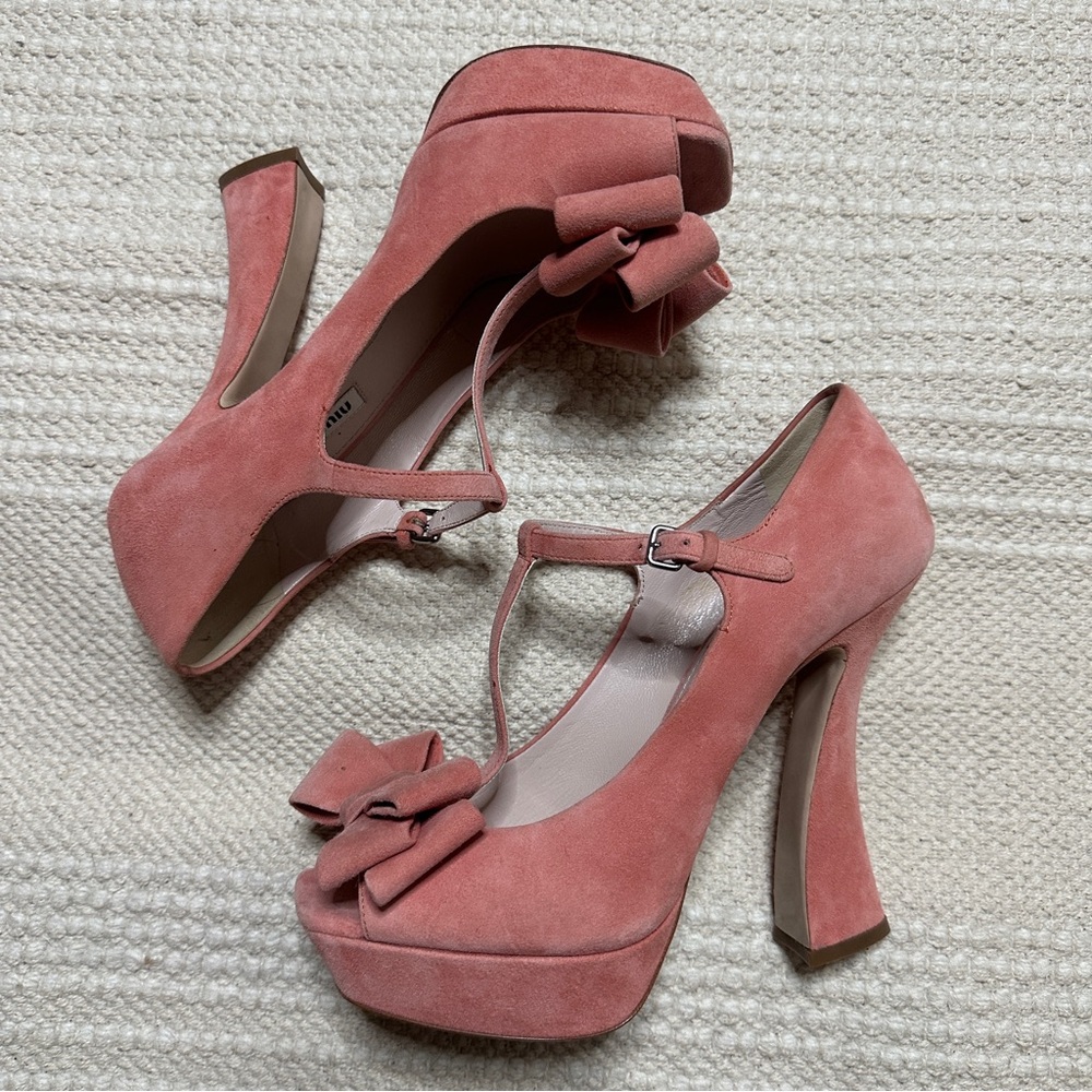 MIU MIU camelia pink suede leather Camoscio peep toe heels 38.5 Barbie - Picture 5 of 14